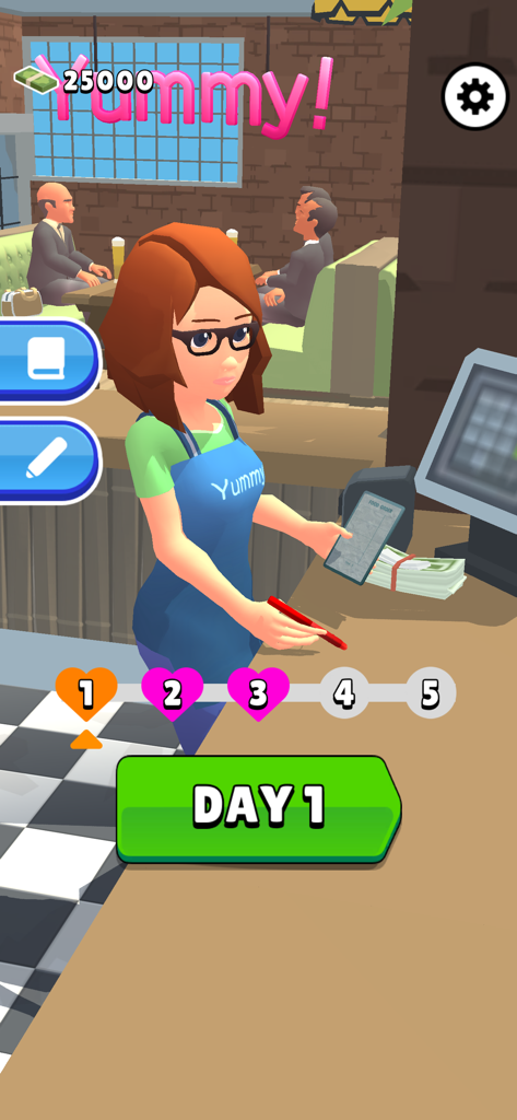 Order please! -Draw&Story game - A waitress character standing at a restaurant counter in a mobile simulation game
