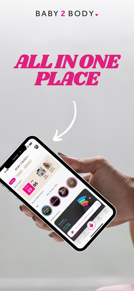 A hand holding a smartphone displaying the Baby2Body pregnancy wellness app dashboard with the text All In One Place