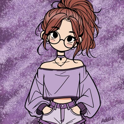 girl with a messy ponytail glasses a baggy crop top and jean shorts