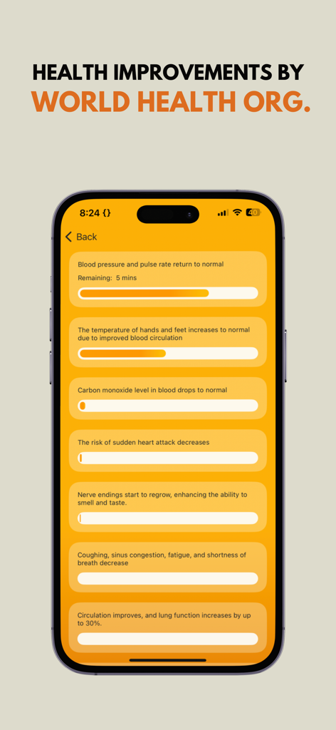 ExSmoke: Quit Smoking Tracker - ExSmoke app screen showing physiological health improvements and recovery progress bars after quitting smoking
