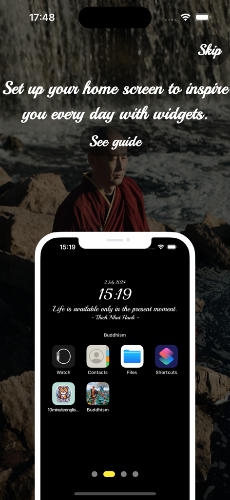 iPhone-Startbildschirm mit einem buddhistischen Zitat-Widget und einem ruhigen Mönch-Hintergrundbild