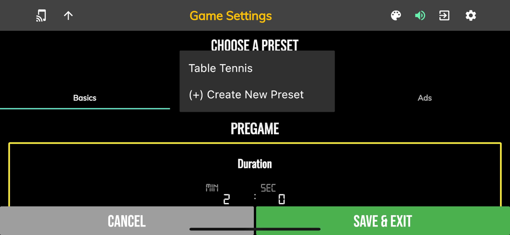 Tela de configurações de jogo do aplicativo BT Table Tennis Scoreboard mostrando seleção de presets e configuração de duração pré-jogo.