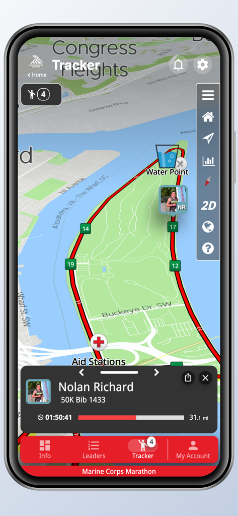 Live runner tracking map in the MCM Organization app showing course markers and participant stats