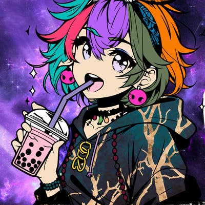 hot baddie anime girl drinking boba and biting the straw