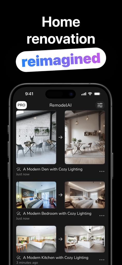 Interfaz de la aplicación de renovación del hogar que muestra rediseños de habitaciones generados por IA de antes y después para un estudio, dormitorio y cocina