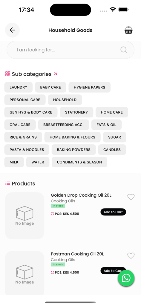 Kasha Care - Kasha Care 앱 인터페이스, 가정용품 카테고리 및 KES 가격으로 조리유 제품 목록을 표시합니다.
