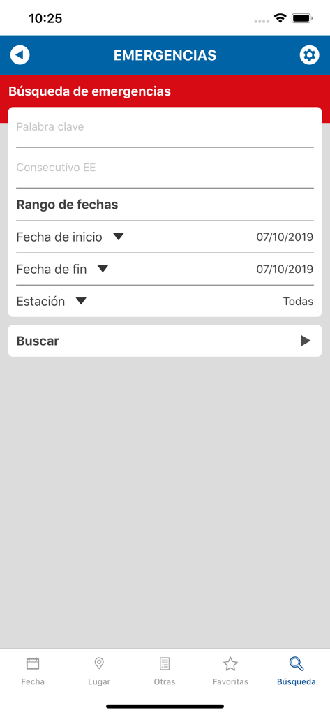 Bomberos CR - Emergency search interface in the Bomberos CR app with date and station filters.