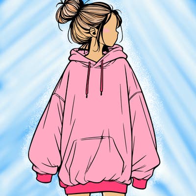 realistic girl with a oversized sweatshirt on and a bun