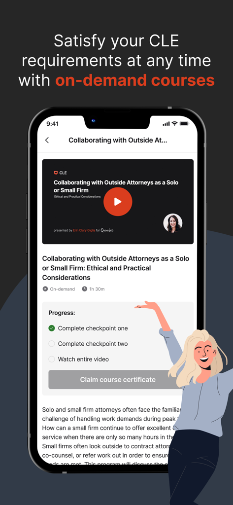 Quimbee app screen displaying an on-demand CLE course for legal professionals with progress tracking and certification