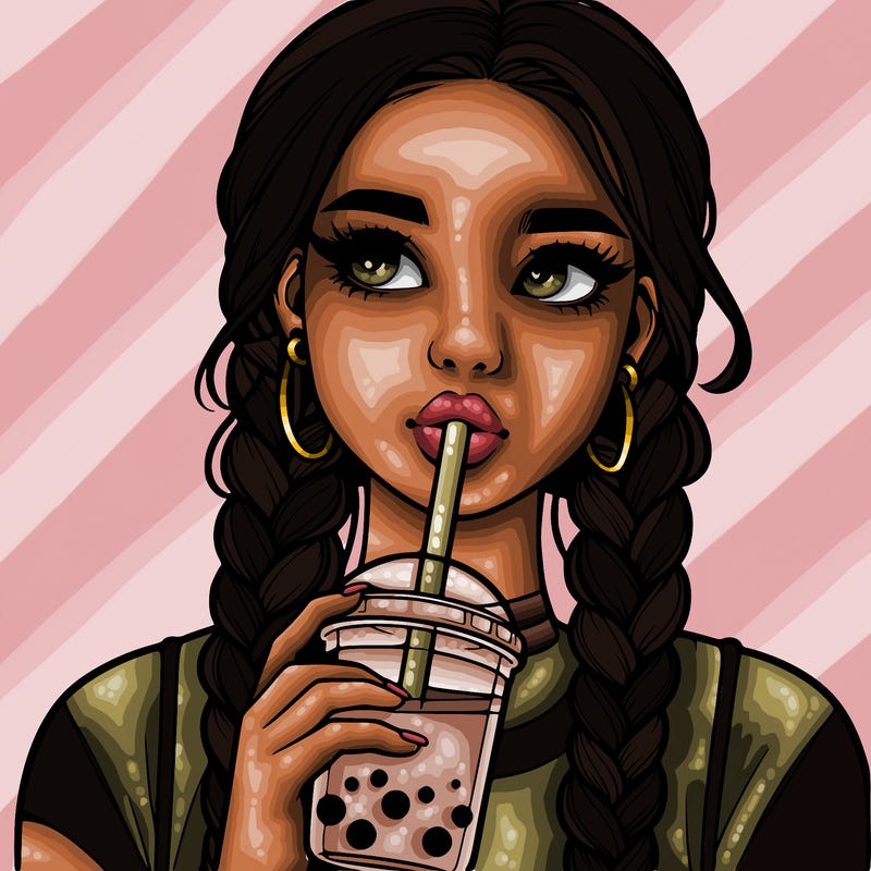 realistic girl with braided hair drinking boba