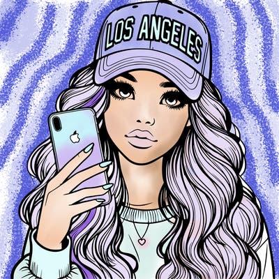 realistic beautiful girl wearing los ángeles cap holding an iphone