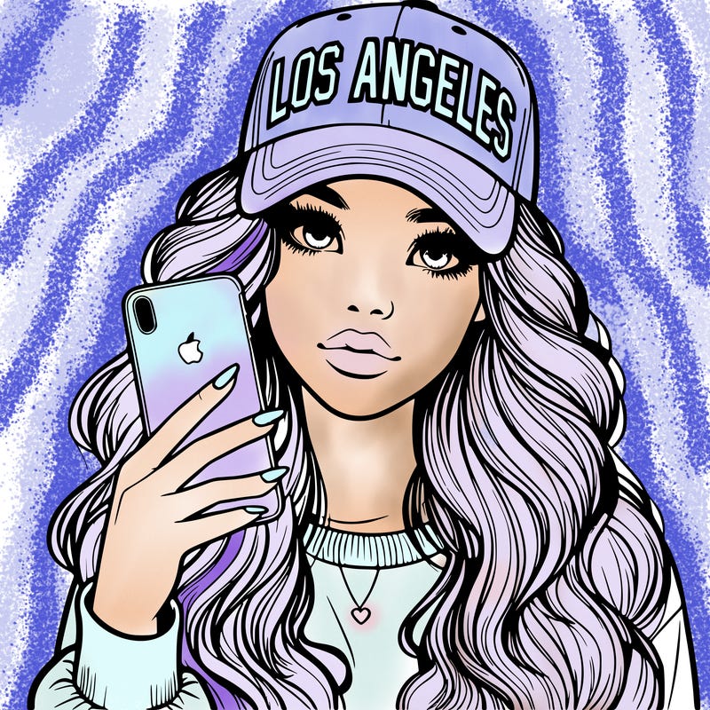 realistic beautiful girl wearing los ángeles cap holding an iphone
