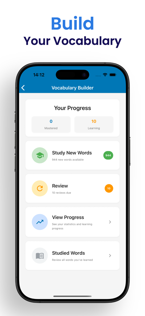 German Exam Prep | B2 Prüfung - Vocabulary builder screen in the German B2 exam prep app showing study progress and word review options