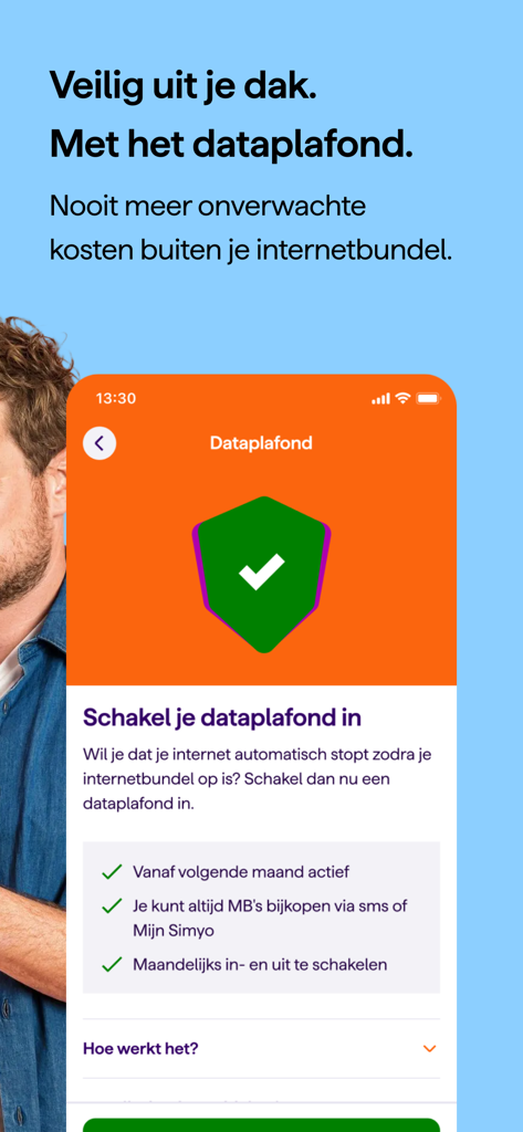 Pantalla de la app Mi Simyo mostrando la opción de activar un límite de datos para prevenir costos móviles adicionales
