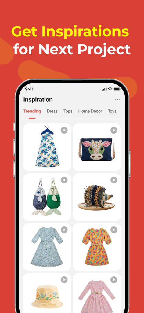 SewPal - Sewing Guides & Ideas - Una schermata dell'app SewPal che mostra una griglia di ispirazioni per progetti di cucito di tendenza e idee fai-da-te.
