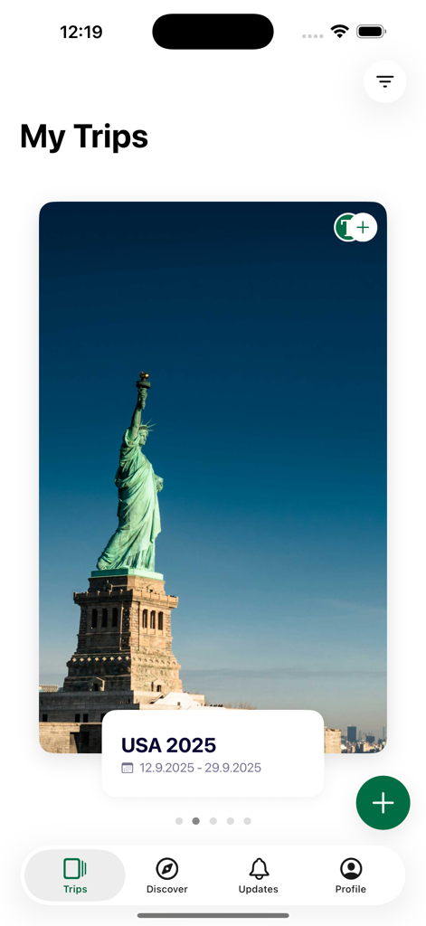 Tourlane travel app showing a planned trip to the USA in the My Trips section