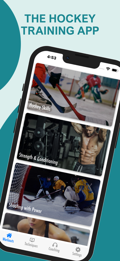 Fitivity Hockey Training - Fitivity Hockey Training app interface showing workout categories for skills strength and shooting