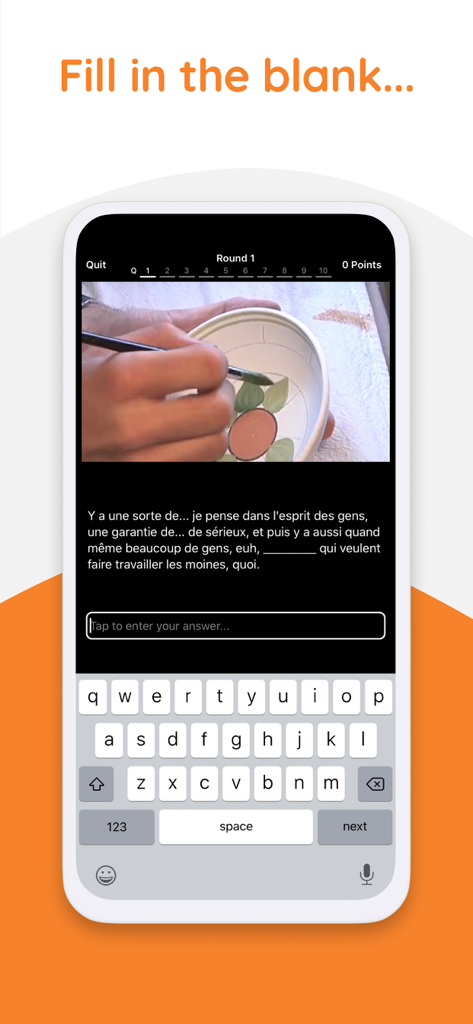 Yabla French - Yabla French app interface showing a video-based fill-in-the-blank language learning exercise on a smartphone screen.