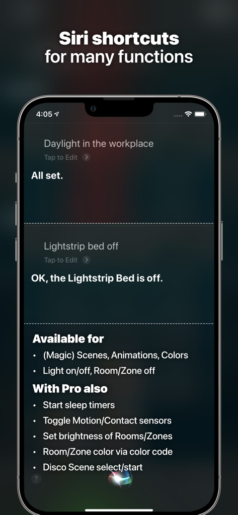 iConnectHue for Philips Hue - Screenshot of the iConnectHue app showing Siri shortcut options for controlling Philips Hue lights and smart home scenes