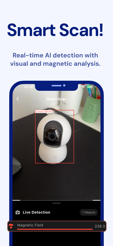 Pantalla de la app SpyFy mostrando la detección en tiempo real de una cámara por IA y análisis del campo magnético.