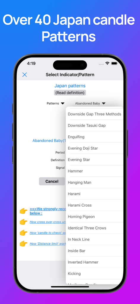Un écran d'application mobile montrant une liste de sélection de plus de 40 figures chartistes japonaises pour les alertes d'analyse technique