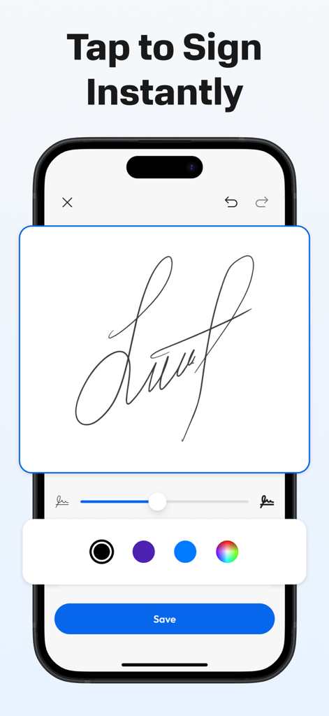 Interface de criação de assinatura digital em um telefone celular com o texto Toque para Assinar Instantaneamente