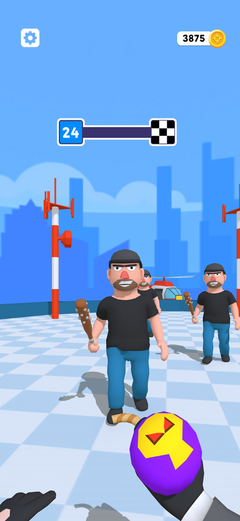 A first-person view of a player holding a purple skull bomb while being approached by enemies on a city rooftop.