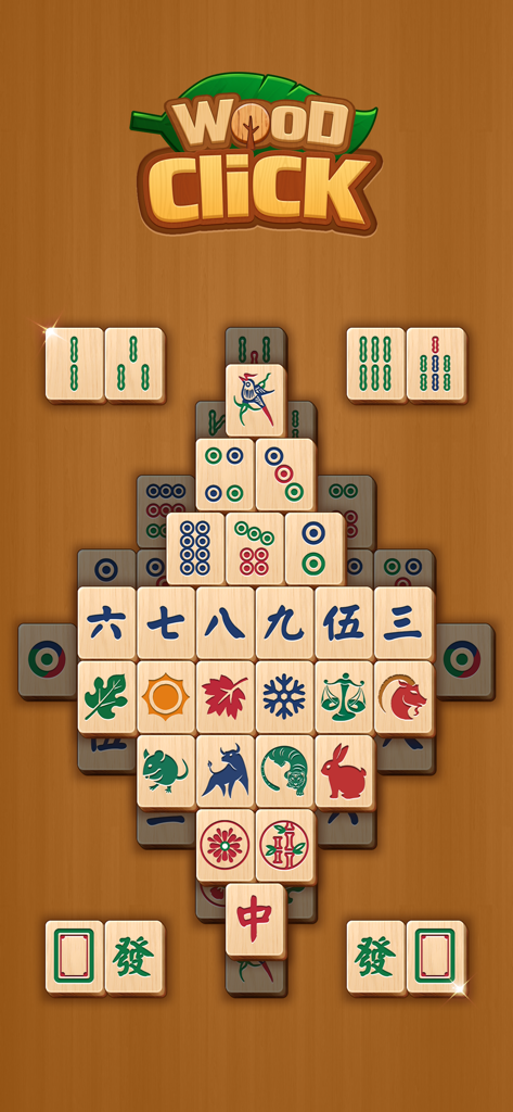 Click Wood - Interface do jogo para celular Click Wood mostrando grandes peças de mahjong de madeira em um fundo de madeira