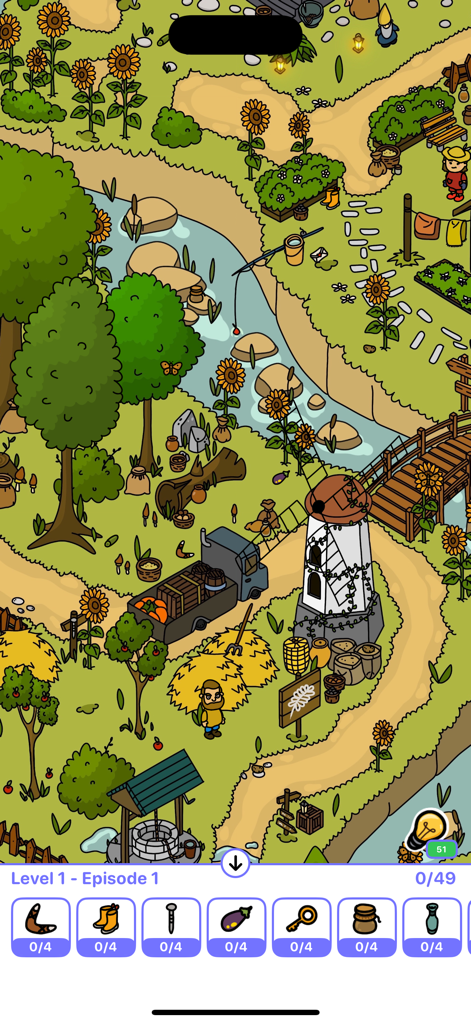 Seek & Find: Hidden Objects - 숨겨진 개체를 찾아야 하는 손으로 그린 시골 지도와 함께 숨은 그림 찾기 게임의 게임 플레이 장면