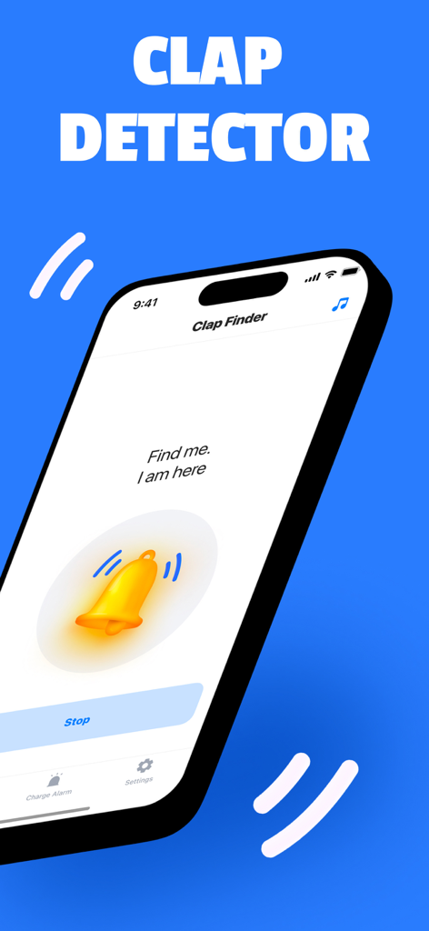 Una pantalla de smartphone mostrando la función de detector de aplausos con un gran icono de campana dorada