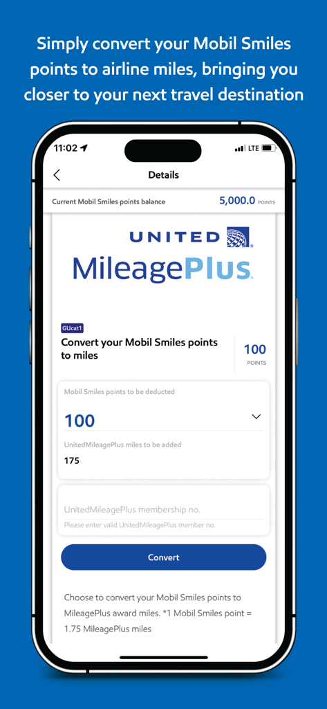 Interface of Mobil Guam app showing the conversion of Mobil Smiles points to United MileagePlus airline miles