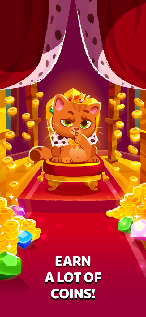Bubbu Jewels - Merge Puzzle - Bubbu il gatto seduto su un trono reale circondato da monete d'oro e gioielli colorati