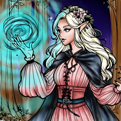 realistic elf in forest using her magic powers