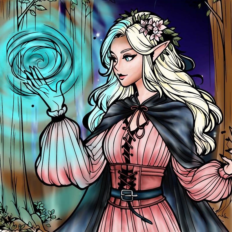 realistic elf in forest using her magic powers