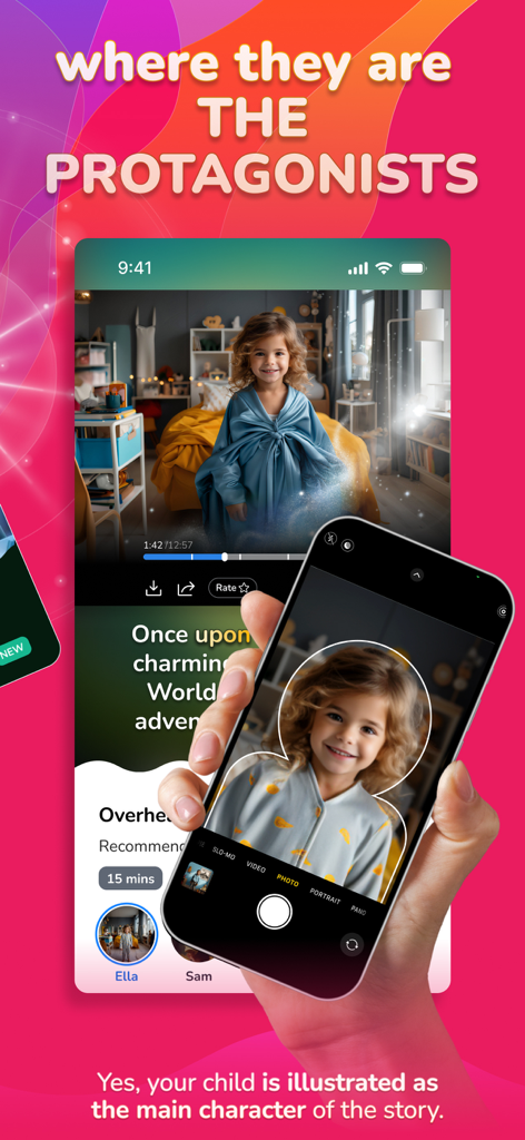 MyStorybook: Stories for kids - A mobile app interface showing a child's portrait being transformed into an illustrated storybook protagonist.