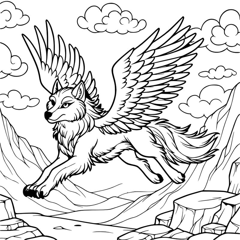 a winged wolf flying over a rocky landscape