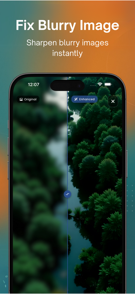 AI Upscale: Enlarge Images - A side by side comparison showing a blurry original photo and a sharp enhanced version of forest trees using AI technology