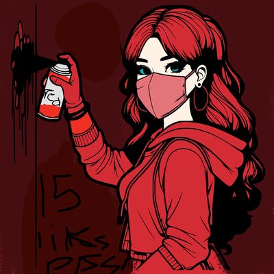 realistic girl with mask spray painting a wall