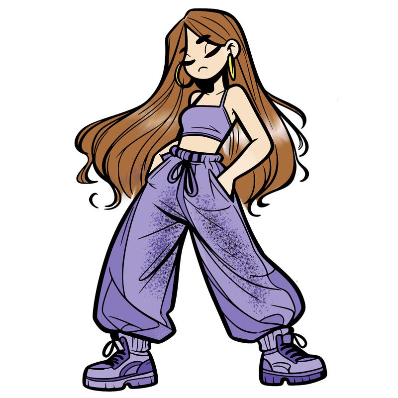 girl in baggy pants crop top and long hair