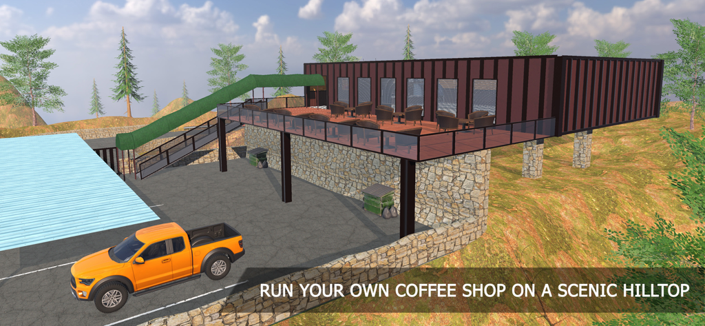 Coffee cafe Tycoon simulator - Modern coffee shop building on a scenic hilltop with an orange pickup truck in the foreground