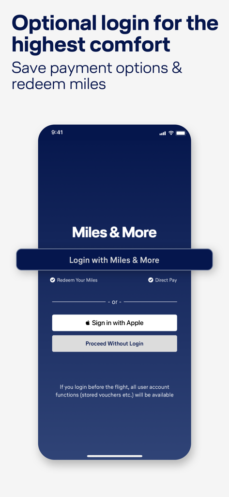 FlyNet - Lufthansa FlyNet App-Anmeldebildschirm mit Miles and More und Apple Sign In Optionen