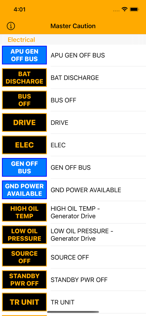737 Master Caution - A list of Boeing 737 electrical system warning lights and caution messages within the app.