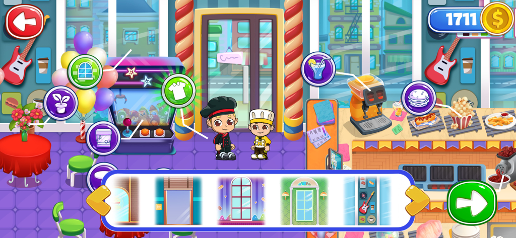 Vlad and Niki cartoon characters in their restaurant with an interior customization menu