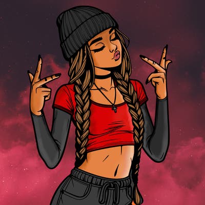 realistic teenage girl with braids and a beanie and crop top doing 🫶🏼