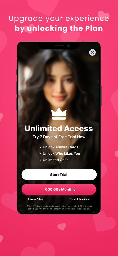 AI Dating: Character AI - Tela de plano de assinatura do aplicativo de namoro AI do LoveSync mostrando recursos de acesso ilimitado como chat ilimitado e cartões de admiradores