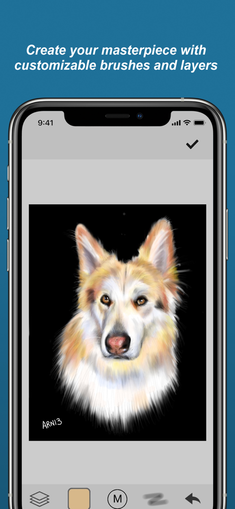 Draw With Me... - Digital dog portrait displayed on a phone screen with drawing tools and layers.