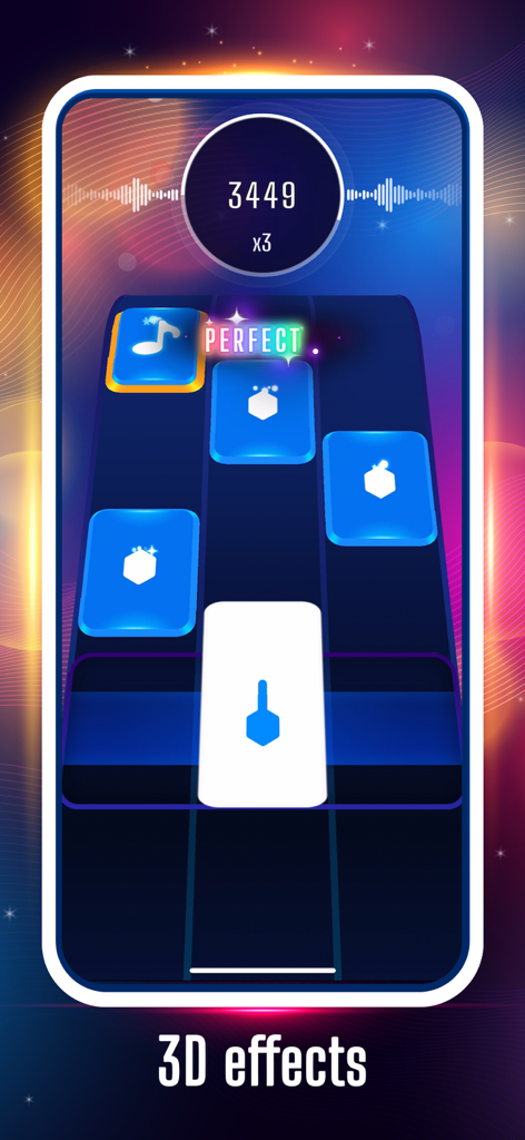 Tap Tap Hero: Be a Music Hero - Interfaz del juego de ritmo Tap Tap Hero que muestra teclas de música cayendo y efectos 3D de neón