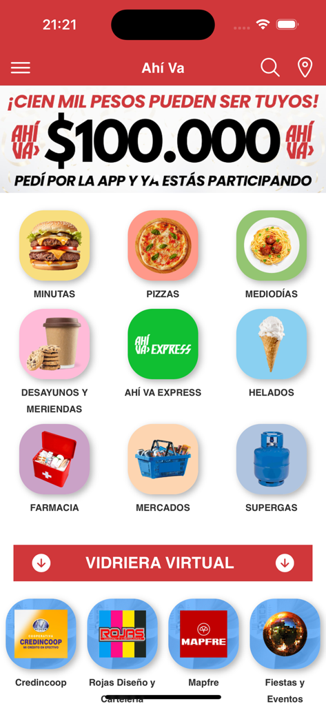 Ahí Va - Main interface of the Ahi Va mobile app showing various service categories like food, pharmacy, and local markets