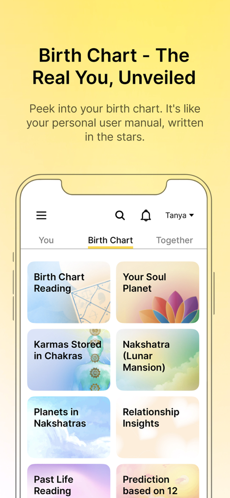 align27 Vedic Astrology Guide - Oberfläche der align27 App, die Optionen für personalisierte Geburtshoroskop-Auswertungen der vedischen Astrologie zeigt.