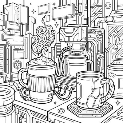Step into a bustling neon-lit café of tomorrow with this unique Cyberpunk Coffee & Tea coloring page. Unleash your creativity by adding vibrant hues to frothy futuristic brews and intricate tech details.